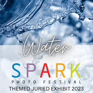 Image of bubbles in water in background. SPARK Photo Festival logo with wording :Water and Themed Juried Exhibit 2023
